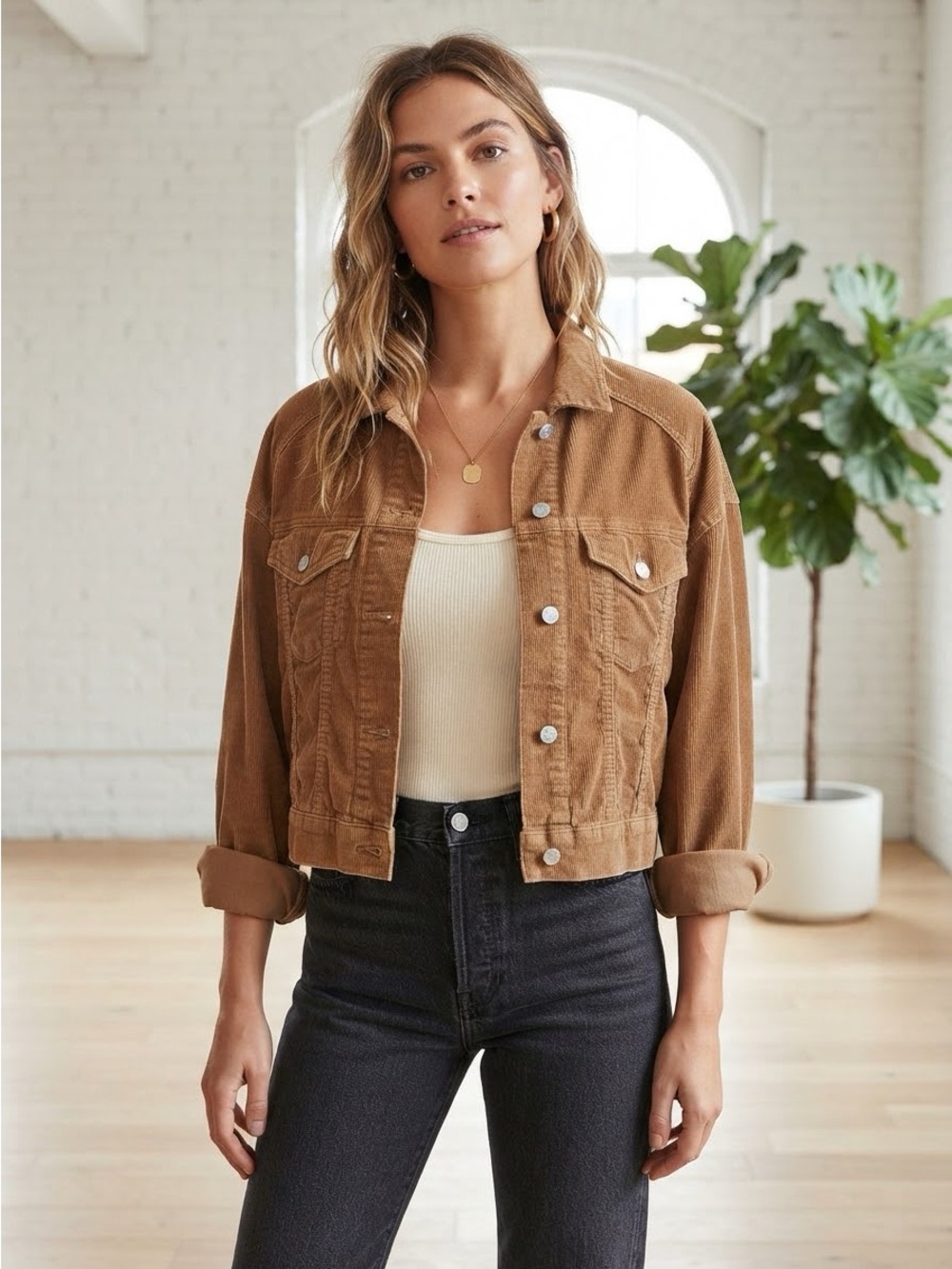 American Eagle Camel Corduroy Button Front Trucker Jacket XL